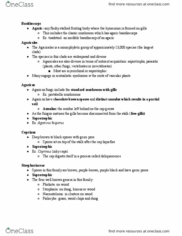 BIOL 4250 Lecture Notes - Lecture 5: Agaricales, Germ Pore, Agaricus thumbnail