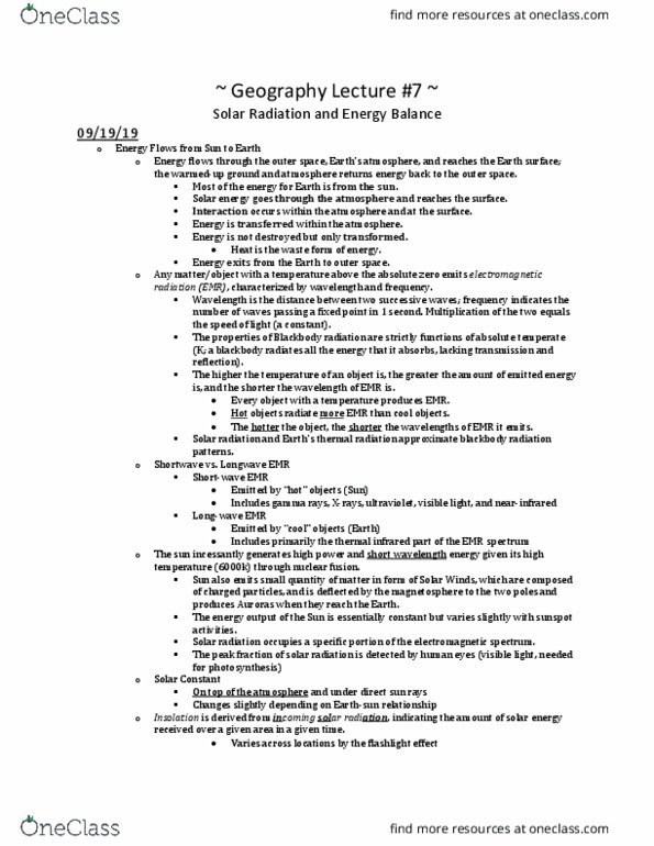 GEO 130 Lecture Notes - Lecture 7: Black-Body Radiation, Electromagnetic Spectrum, Solar Constant thumbnail