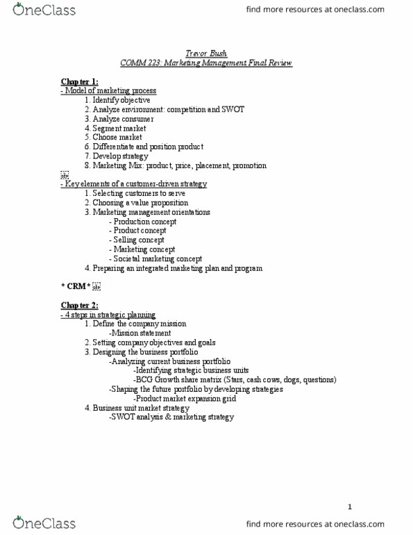 COMM 223 Lecture Notes - Lecture 3: Swot Analysis, Marketing Management, Marketing Strategy thumbnail