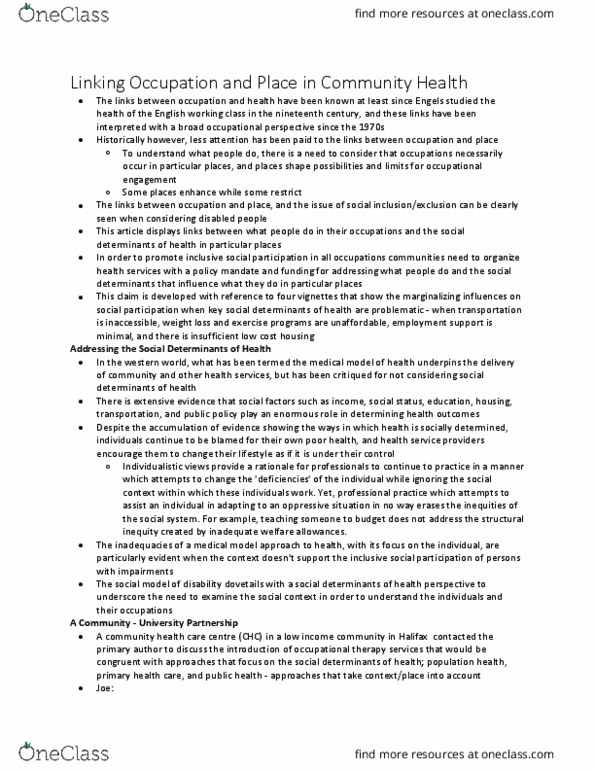 Rehabilitation Sciences 3125A/B Chapter 4: Linking Occupation and Place in Community Health thumbnail