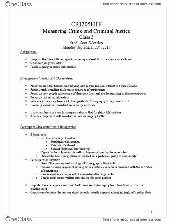 CRI205H1 Lecture Notes - Lecture 3: Urban Warfare, Participant Observation, Demonology thumbnail