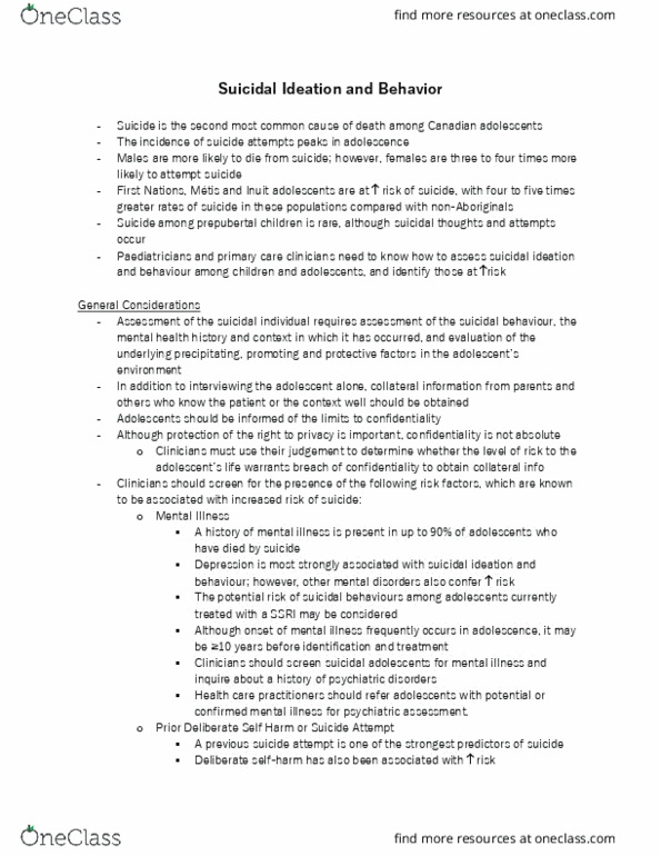 NURSING 2NN3 Lecture Notes - Lecture 3: Suicidal Ideation, Pediatrics, Selective Serotonin Reuptake Inhibitor thumbnail