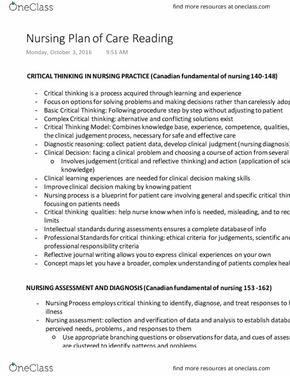 NURSING 1F03 Lecture Notes - Lecture 1: Nursing Care Plan, Nursing Diagnosis, Nursing Assessment thumbnail