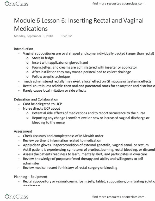 NURSING 2L03 Lecture Notes - Lecture 9: Suppository, Asepsis, Perineum thumbnail