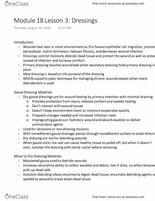 NURSING 1I02 Lecture Notes - Lecture 3: Debridement, Chronic Wound, Epithelium thumbnail