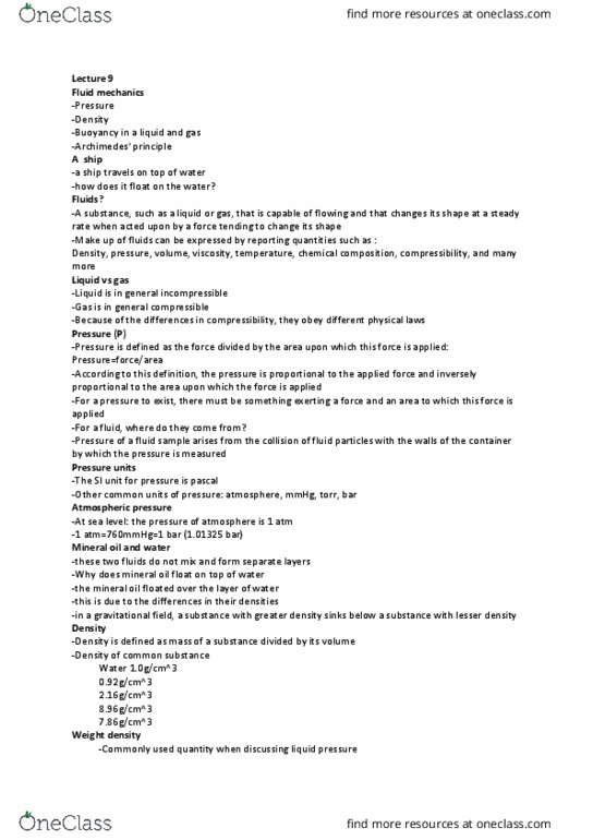 PSC 133 Lecture Notes - Lecture 9: Mineral Oil, Atmospheric Pressure, Specific Weight thumbnail