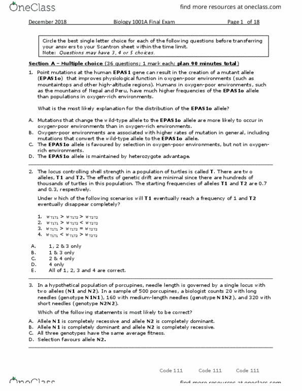 Biology 1001A Study Guide - Fall 2019, Final - Epas1, Genotype Frequency, Heterozygote Advantage