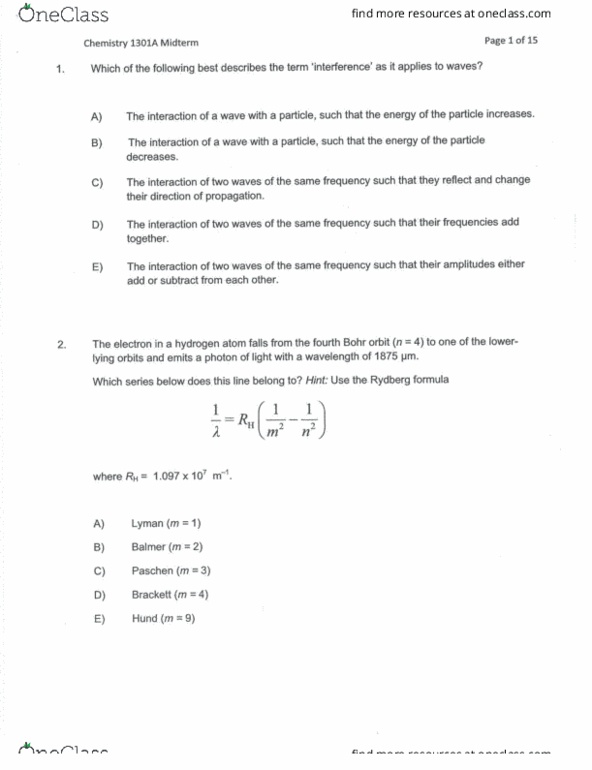 Chemistry 1301A/B Midterm: Chemistry 1301 Practice Midterm - OneClass