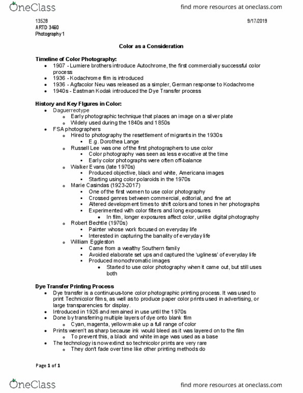 ARTD 3460 Lecture Notes - Lecture 2: Agfacolor, Kodak, William Eggleston thumbnail