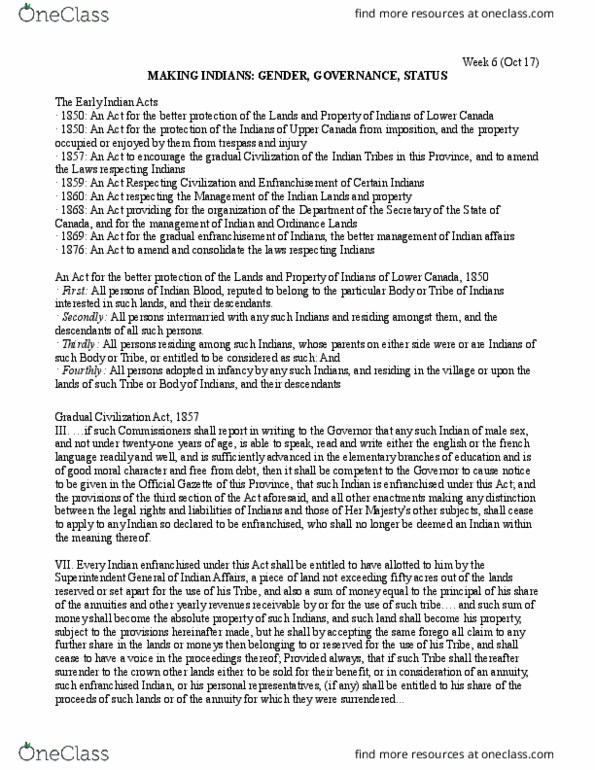 CRM 400 Lecture Notes - Lecture 6: Gradual Civilization Act, Indian Act, Lower Canada thumbnail
