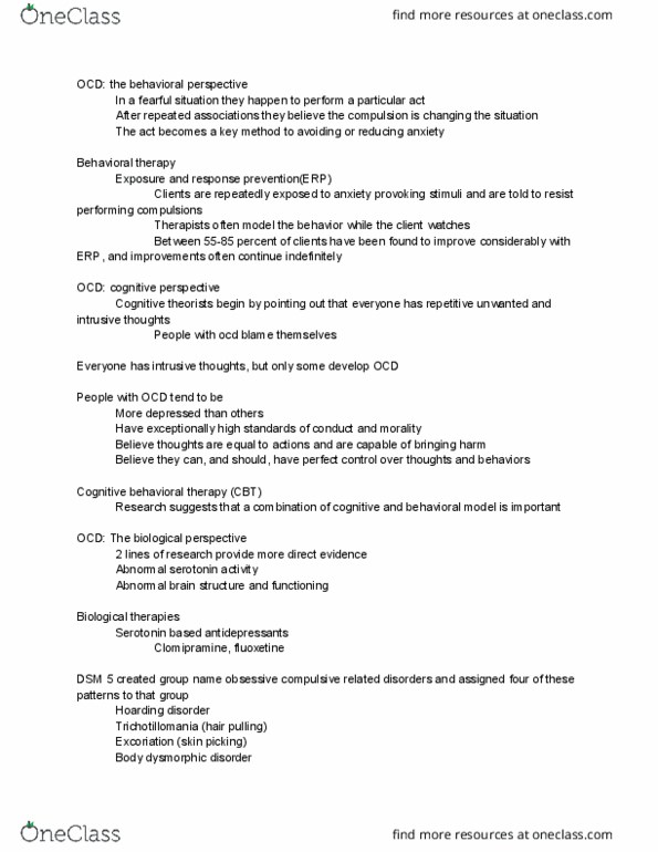 PSYC 2300 Lecture Notes - Lecture 9: Body Dysmorphic Disorder, Cognitive Behavioral Therapy, Clomipramine thumbnail