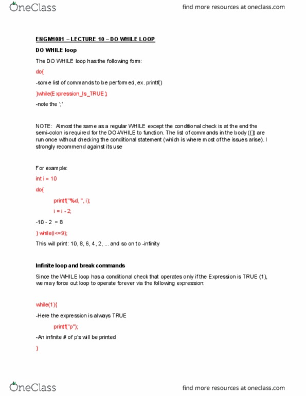 ENGM 1081 Lecture Notes - Lecture 10: Do While Loop, Infinite Loop, Semicolon cover image