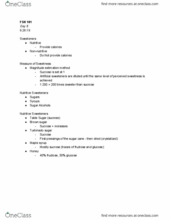 FSN 101 Lecture Notes - Lecture 8: Maple Syrup, Brown Sugar, Sucrose thumbnail