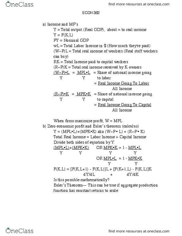 ECON 362 Lecture Notes - Lecture 9: Production Function, Root Mean Square cover image
