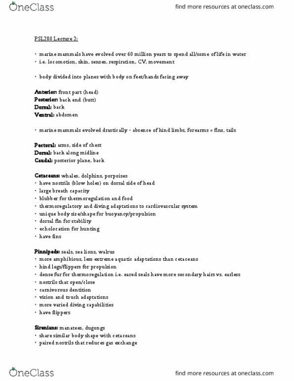 PSL280H1 Lecture Notes - Lecture 2: Pinniped, Blubber, Thermoregulation thumbnail