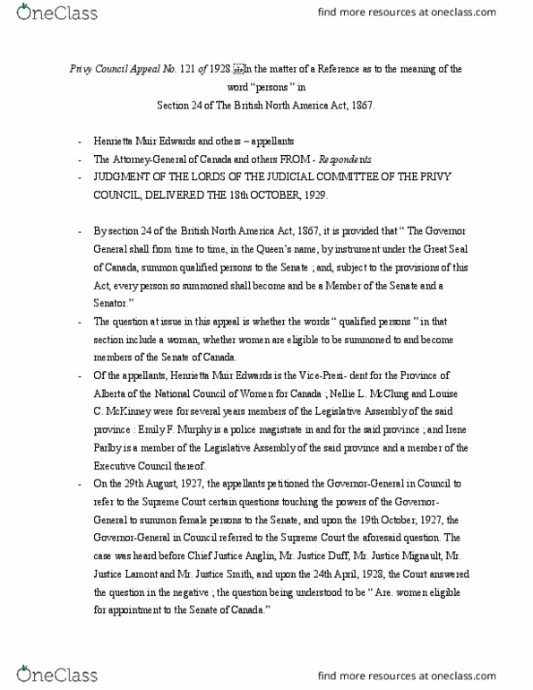 LGLS 1000U Lecture Notes - Lecture 2: Constitution Act, 1867, Judicial Committee Of The Privy Council, Henrietta Edwards thumbnail