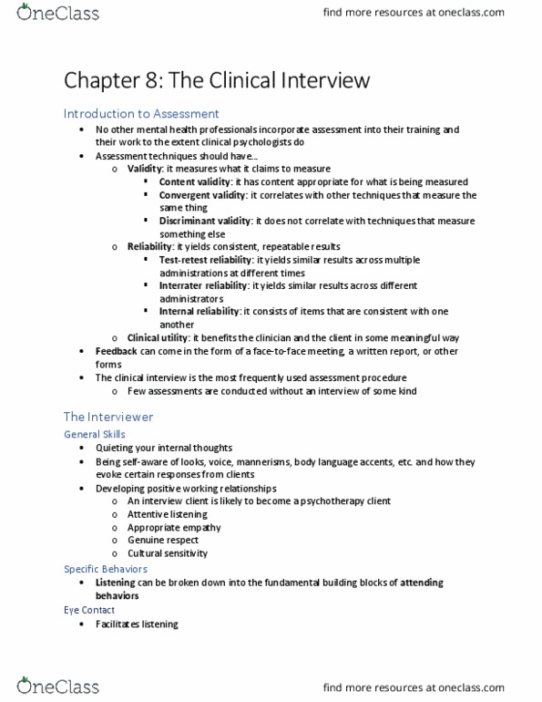PSYC 3339 Chapter 8: The Clinical Interview thumbnail