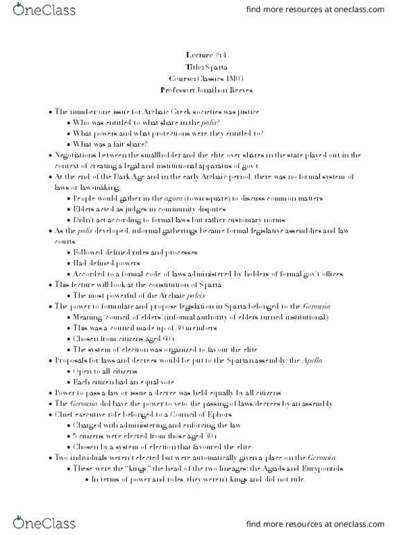 CLASSICS 1M03 Lecture Notes - Lecture 4: Gerousia, Apella, Spartan Constitution thumbnail