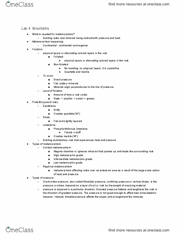 GEOL 103L Lecture Notes - Lecture 4: Overburden Pressure, Magma Chamber, Quartzite thumbnail