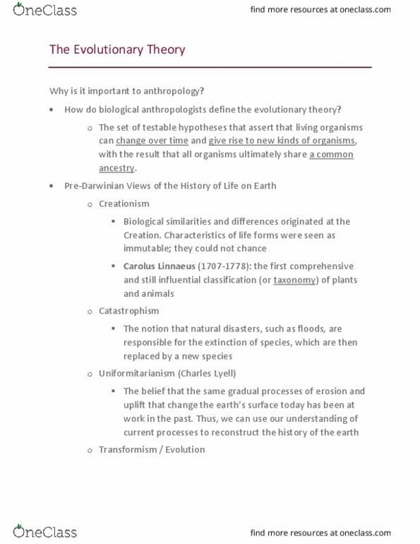 ANTH-2010 Lecture Notes - Lecture 3: Carl Linnaeus, Biological Anthropology, Uniformitarianism thumbnail