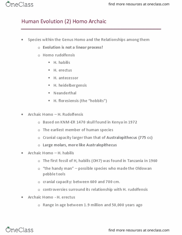 ANTH-2010 Lecture Notes - Lecture 9: Homo Rudolfensis, Homo Heidelbergensis, Brain Size thumbnail