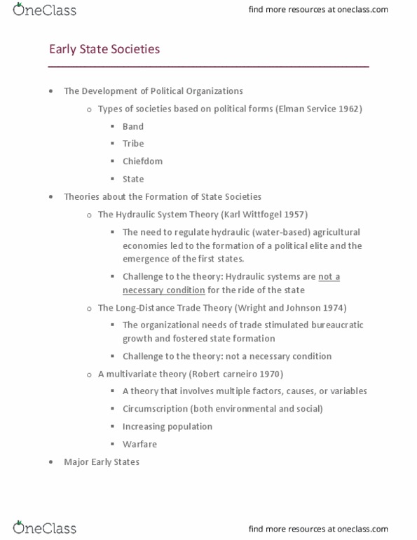 ANTH-2010 Lecture Notes - Lecture 13: Karl August Wittfogel, Robert L. Carneiro, Elman Service thumbnail