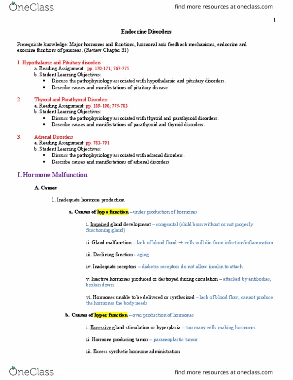 NURS 323 Lecture Notes - Lecture 15: Adrenal Tumor, Paraneoplastic Syndrome, Parathyroid Gland thumbnail