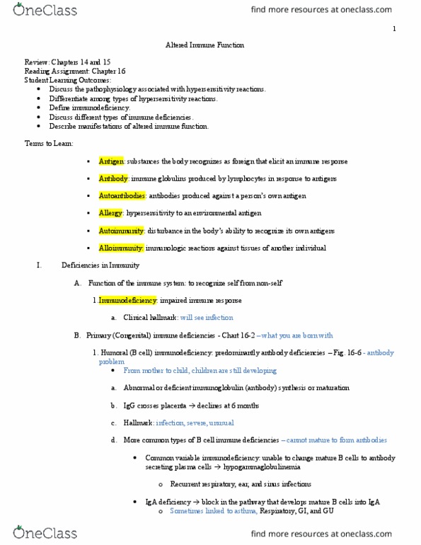 NURS 323 Lecture Notes - Lecture 5: Common Variable Immunodeficiency, Selective Immunoglobulin A Deficiency, Alloimmunity thumbnail
