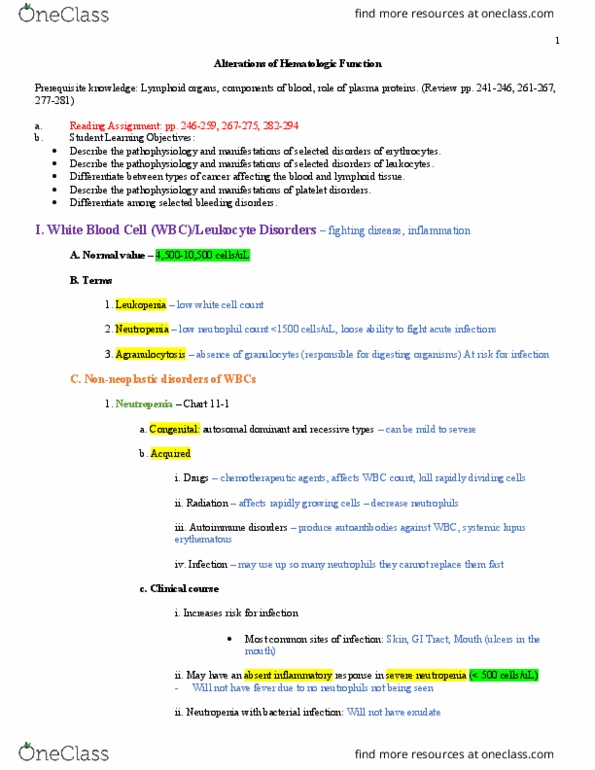 NURS 323 Lecture Notes - Lecture 17: Neutropenia, Autoimmune Disease, Coagulopathy thumbnail