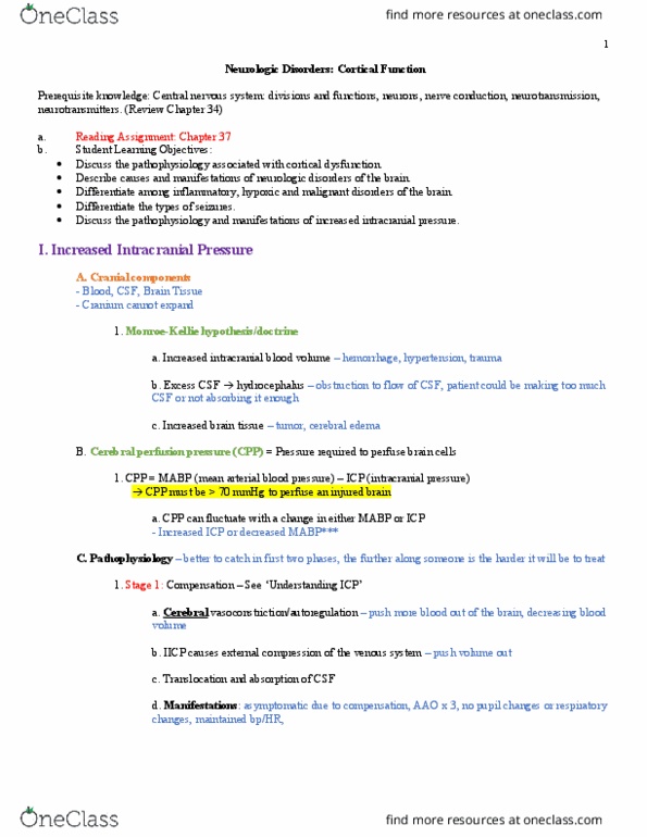 NURS 323 Lecture Notes - Lecture 14: Cerebral Perfusion Pressure, Intracranial Hemorrhage, Intracranial Pressure thumbnail