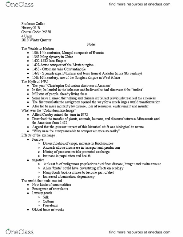 HISTORY 21B Lecture Notes - Lecture 1: Mongol Invasions And Conquests, Al-Andalus, Ming Dynasty thumbnail