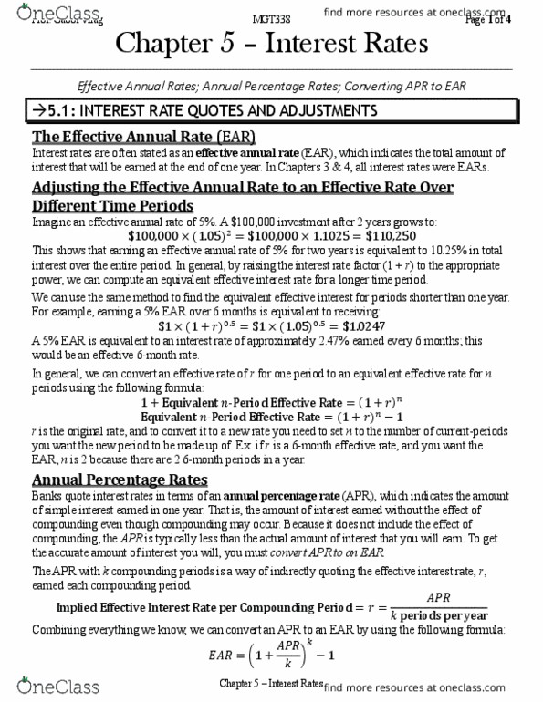 MGT338H5 Chapter Notes - Chapter 5: Effective Interest Rate, Annual Percentage Rate, Compound Interest thumbnail