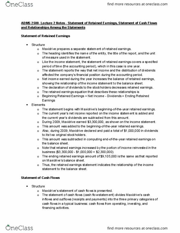 ADMS 2500 Lecture Notes - Lecture 2: Cash Flow Statement, Retained Earnings, Cash Flow cover image