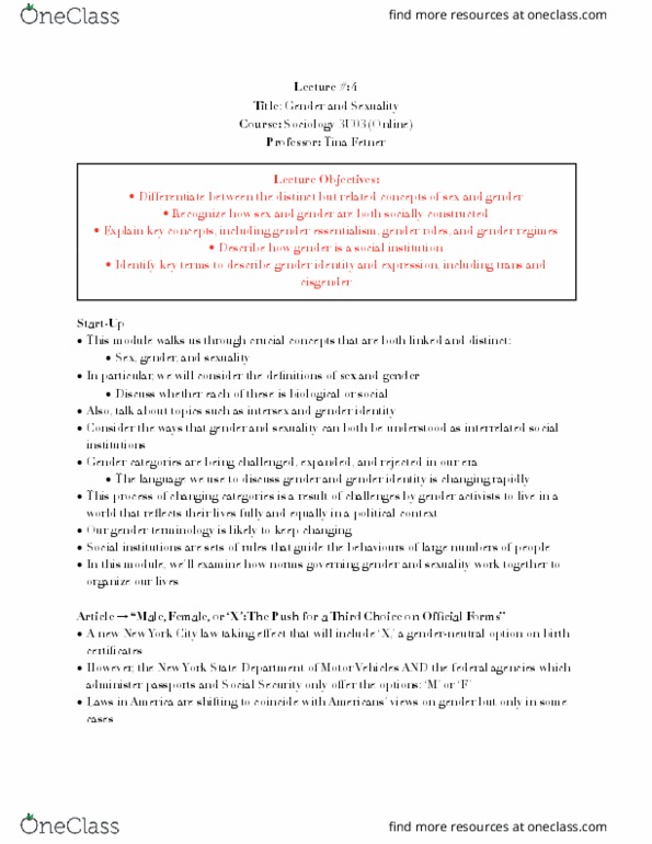 SOCIOL 3U03 Lecture Notes - Lecture 4: Essentialism, Cisgender, Gender Role thumbnail