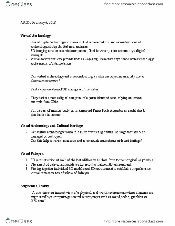AR250 Lecture Notes - Lecture 4: Augustus Of Prima Porta, Damnatio Memoriae, 3D Reconstruction thumbnail