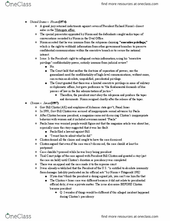 PSC 210 Chapter Notes - Chapter 7: Paula Jones, Executive Privilege, Absolute Immunity thumbnail