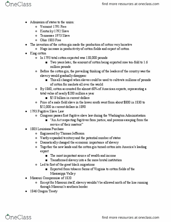 WWS 331 Lecture Notes - Lecture 6: Fugitive Slave Laws, Cotton Gin, Missouri Compromise thumbnail