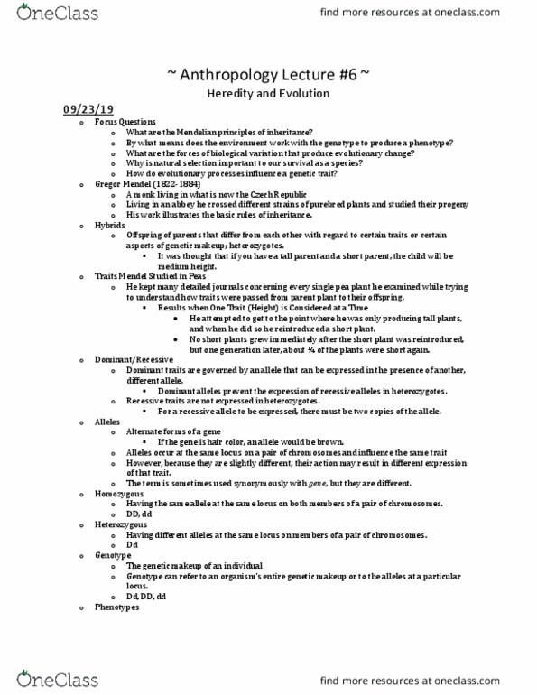 ANT 230 Lecture Notes - Lecture 6: Gregor Mendel, Mendelian Inheritance, Zygosity thumbnail