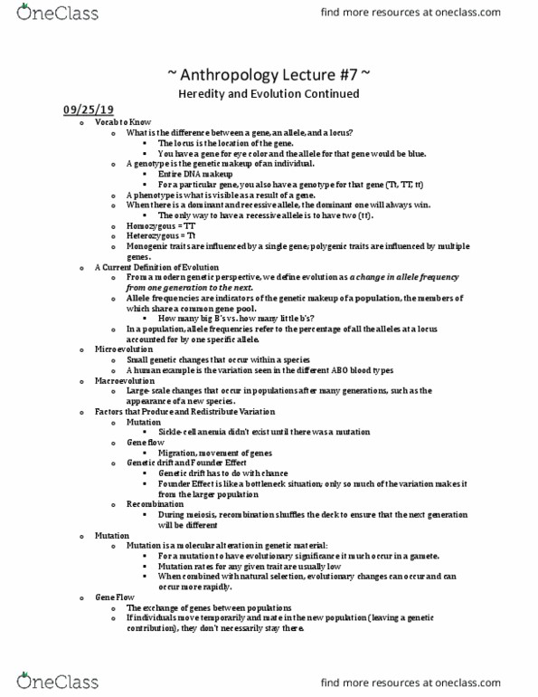 ANT 230 Lecture Notes - Lecture 7: Allele Frequency, Population Bottleneck, Genetic Drift thumbnail