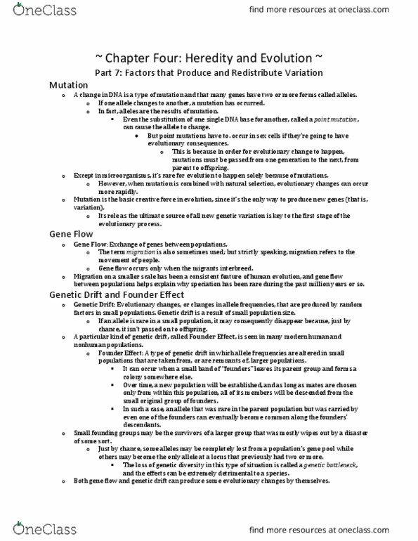 ANT 230 Chapter Notes - Chapter 4.7: Genetic Drift, Allele Frequency, Population Bottleneck thumbnail