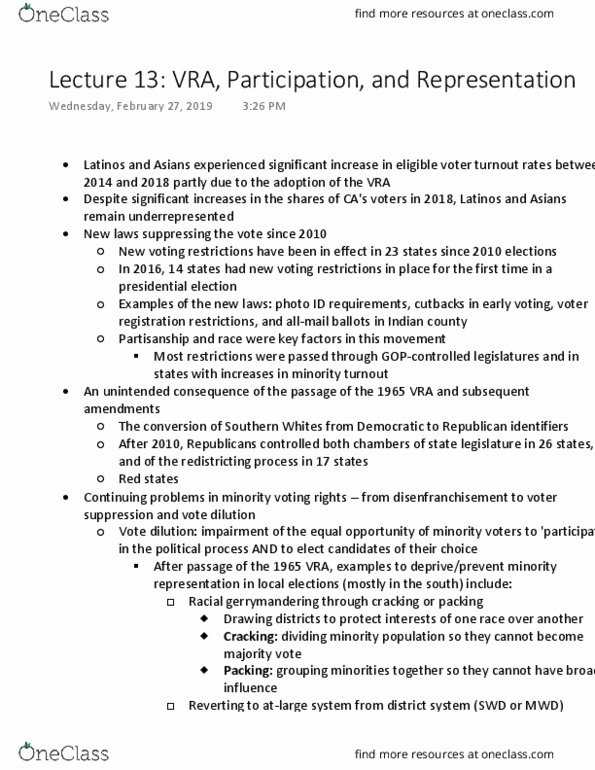 POL S 161 Lecture Notes - Lecture 13: Early Voting, Unintended Consequences, Majority Minority thumbnail