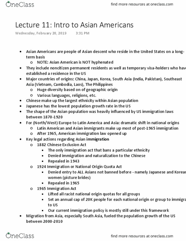 POL S 161 Lecture Notes - Lecture 11: Immigration And Nationality Act Of 1965, Asian Americans, United States V. Wong Kim Ark thumbnail