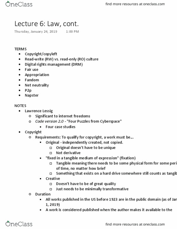 FAMST 192CT Lecture Notes - Lecture 6: Digital Rights Management, Net Neutrality, Readwrite thumbnail