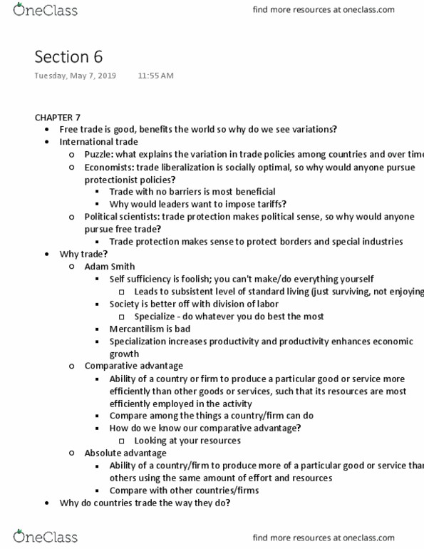 POL S 7 Lecture Notes - Lecture 6: Absolute Advantage, Comparative Advantage, International Trade thumbnail