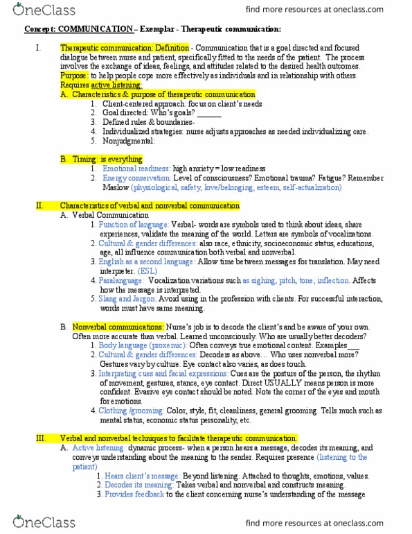 NURS 272 Lecture Notes - Lecture 2: Nonverbal Communication, Eye Contact, Active Listening thumbnail