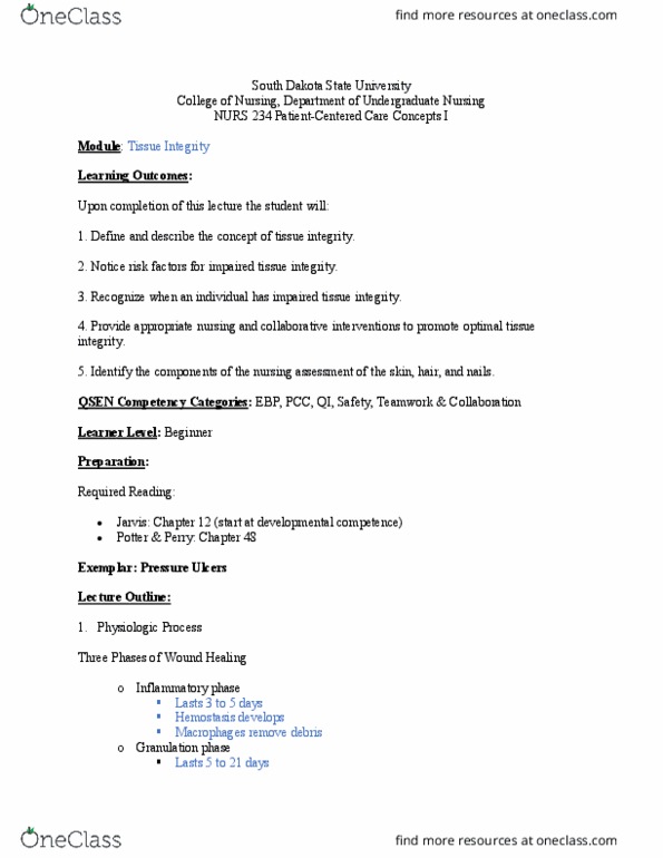 NURS 234 Lecture Notes - Lecture 7: Granulation Tissue, Wound Healing, Pressure Ulcer thumbnail