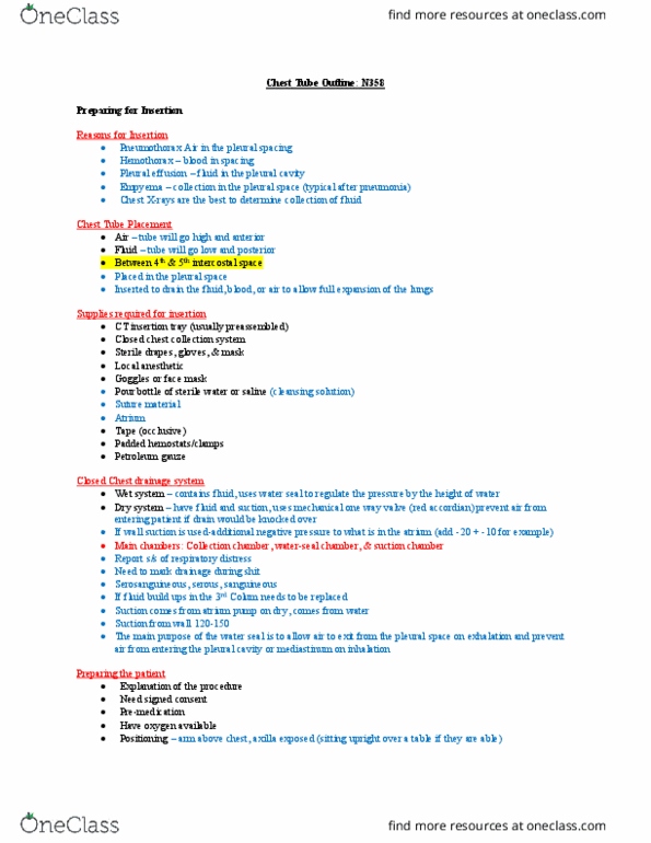 NURS 358 Lecture Notes - Lecture 3: Pleural Effusion, Chest Tube, Intercostal Space thumbnail