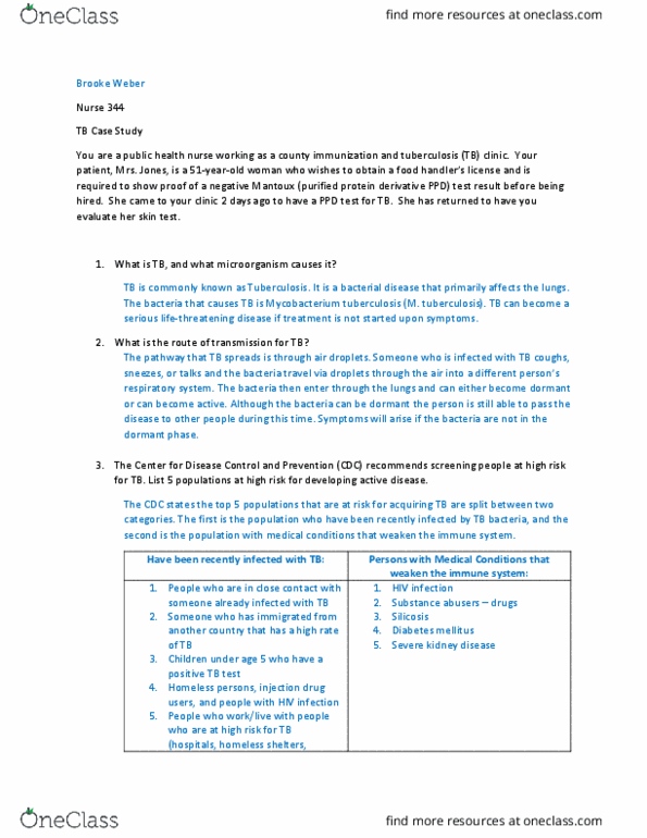 NURS 334 Lecture Notes - Lecture 5: Tuberculin, Mycobacterium Tuberculosis, Mantoux Test thumbnail