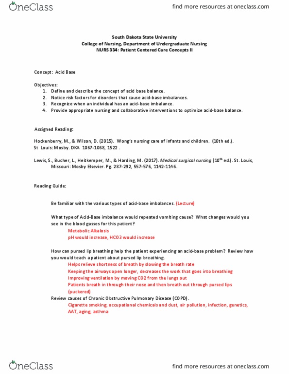 NURS 334 Lecture Notes - Lecture 13: Chronic Obstructive Pulmonary Disease, Alkalosis, Asthma thumbnail