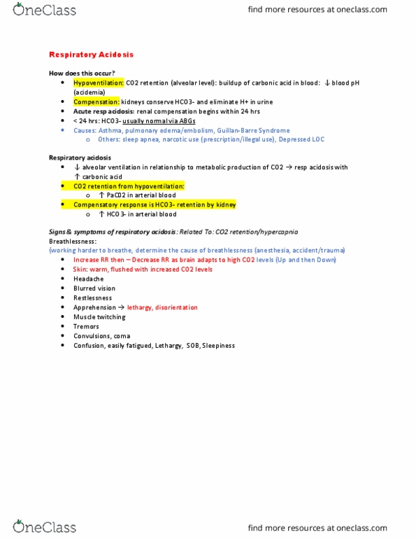 NURS 334 Lecture Notes - Lecture 13: Respiratory Acidosis, Hypercapnia, Metabolic Acidosis thumbnail